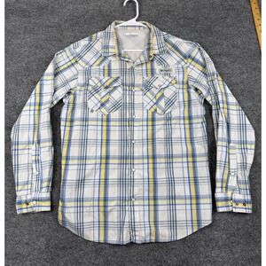 Columbia PFG Mens Medium Plaid Long Sleeve Snap Fishing Shirt White Blue‎ Yellow